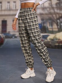 Plaid Elastic Waist Trousers - Khaki - View 6