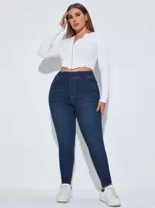 SHEIN Essnce Plus Elastic Waist Skinny Jeans - Dark Wash - View 3