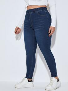 SHEIN Essnce Plus Elastic Waist Skinny Jeans - Dark Wash - View 5