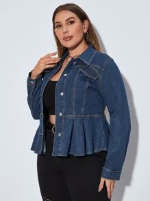 SHEIN Essnce Cazadora mezclilla con botón delantero peplum - Azul lavado oscuro - Ver 3