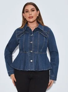SHEIN Essnce Cazadora mezclilla con botón delantero peplum - Azul lavado oscuro - Ver 4