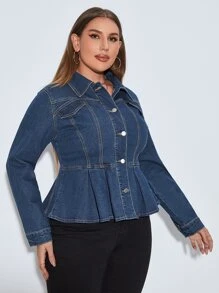 SHEIN Essnce Cazadora mezclilla con botón delantero peplum - Azul lavado oscuro - Ver 5