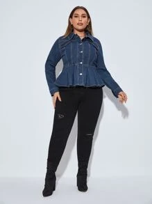 SHEIN Essnce Cazadora mezclilla con botón delantero peplum - Azul lavado oscuro - Ver 6