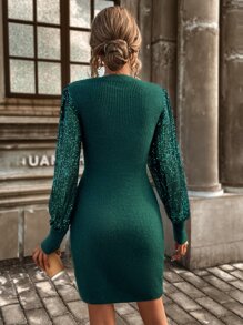 SHEIN LUNE Contrast Sequins Lantern Sleeve Jumper Dress - Dark Green - View 2