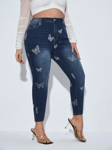 SHEIN Jeans ajustados con estampado de mariposa - Azul lavado oscuro - Ver 3