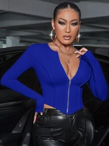 SHEIN SXY 拉鏈開襟接縫細節手帕下擺T恤 - 寶藍色 - 查看 3