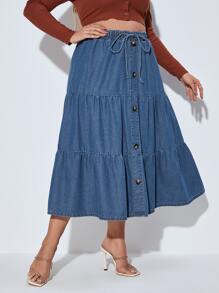SHEIN VCAY Plus Button Front Ruffle Hem Knot Waist Denim Skirt - Medium Wash - View 4