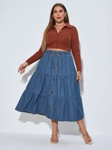 SHEIN VCAY Plus Button Front Ruffle Hem Knot Waist Denim Skirt - Medium Wash - View 5