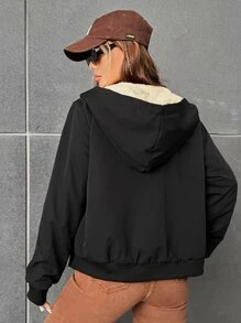 SHEIN EZwear Chaqueta con capucha forrada con detalle de parche con letra para otoño/invierno - Negro - Ver 2