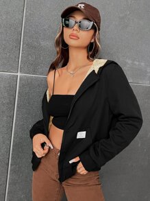 SHEIN EZwear Chaqueta con capucha forrada con detalle de parche con letra para otoño/invierno - Negro - Ver 4