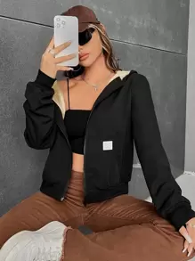 SHEIN EZwear Chaqueta con capucha forrada con detalle de parche con letra para otoño/invierno - Negro - Ver 5