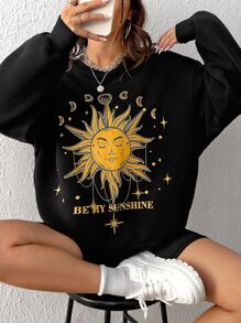 SHEIN EZwear Sun & Letter Graphic Drop Shoulder Sweatshirt - Black - View 6