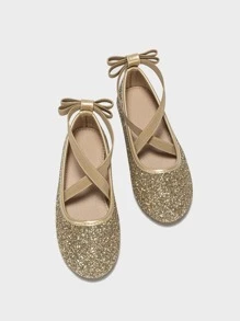 Giày búp bê trẻ em Nơ Bướm long lanh màu trơn Dây đeo mắt cá chân - Vàng - Xem 4