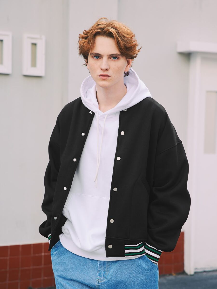 INFLATION Men Striped Trim Drop Shoulder Bomber Jacket - Black - View 1