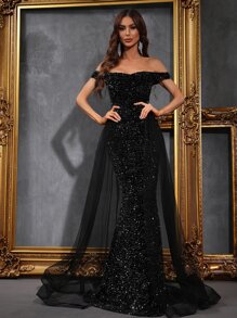 Off Shoulder Mesh Panel Sequin Prom Dress - Black - View 4