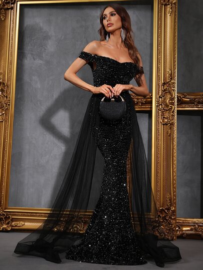 Off Shoulder Mesh Panel Sequin Prom Dress