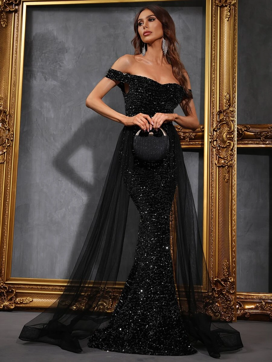 Off Shoulder Mesh Panel Sequin Prom Dress - Black - View 1