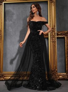 Off Shoulder Mesh Panel Sequin Prom Dress - Black - View 5