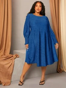 SHEIN CURVE+ Đầm Plus Size viền lá sen Dải chun màu trơn Buổi tiệc - Màu xanh lam - Xem 4