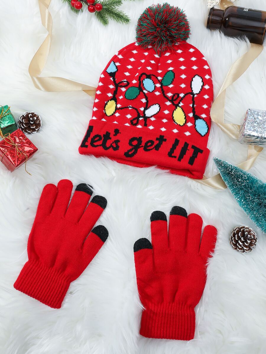 Christmas Letter Graphic Hat & Gloves - Red - View 1