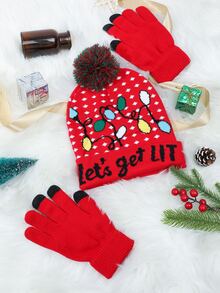 Christmas Letter Graphic Hat & Gloves - Red - View 2