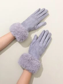 Fluffy Trim Gloves - Light Grey - View 1