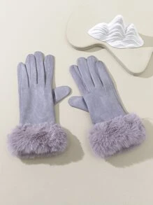 Fluffy Trim Gloves - Light Grey - View 2
