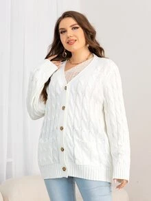 Plus Cable Knit Button Front Cardigan, For Winter - White - View 5