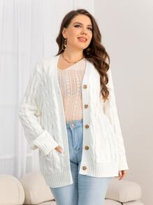 Plus Cable Knit Button Front Cardigan, For Winter - White - View 1