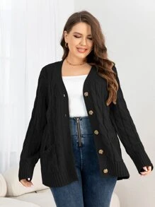 DEARCASE Plus Cable Knit Drop Shoulder Pocket Patched Cardigan, For Winter - Black - View 3