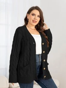 DEARCASE Plus Cable Knit Drop Shoulder Pocket Patched Cardigan, For Winter - Black - View 4