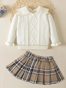 嬰兒誇大領口套頭毛衣和格紋印花百褶半身裙