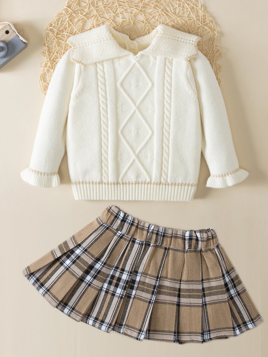嬰兒誇大領口套頭毛衣和格紋印花百褶半身裙