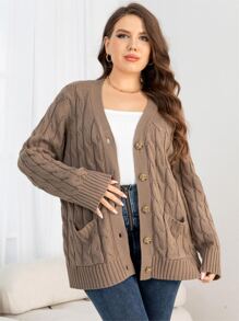 DEARCASE Plus Cable Knit Dual Pocket Cardigan, For Winter - Mocha Brown - View 1