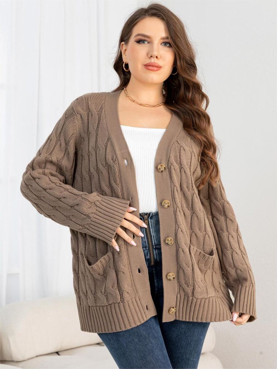 DEARCASE Plus Cable Knit Dual Pocket Cardigan, For Winter - Mocha Brown - View 1