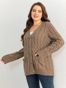DEARCASE Plus Cable Knit Dual Pocket Cardigan, For Winter - Mocha Brown - View 6