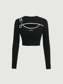 SHEIN MOD Letter Patched Detail Crop Tee - Black - View 1