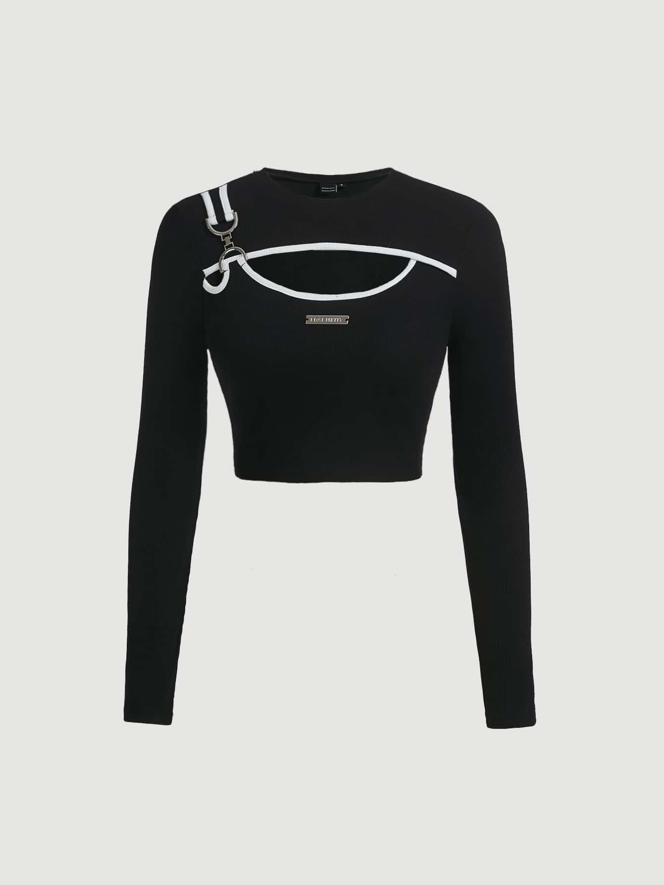 SHEIN MOD Letter Patched Detail Crop Tee - Black - View 1