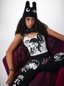 ROMWE Anime Áo hai dây Tương phản ren Con số Lá thư Giải trí - trắng - Xem 2