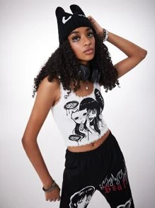 ROMWE Anime Áo hai dây Tương phản ren Con số Lá thư Giải trí - trắng - Xem 5