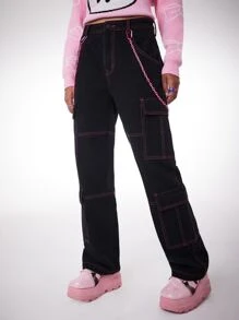 ROMWE Jeans cargo ribete con puntada - Negro - Ver 2