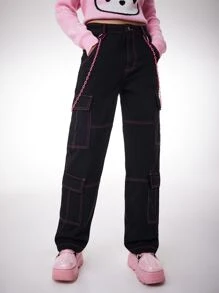 ROMWE Jeans cargo ribete con puntada - Negro - Ver 4