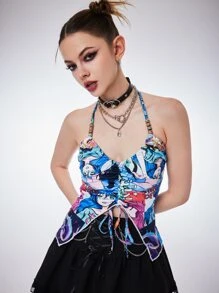 ROMWE Cartoon Figure Graphic Drawstring Halter Top - Multicolor - View 1