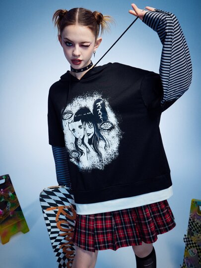 2 In 1 Striped Figure Graphic Hoodie
