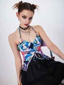 ROMWE Cartoon Figure Graphic Drawstring Halter Top - Multicolor - View 2