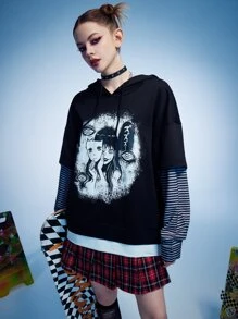 ROMWE 二合一條紋圖案人像圖案連帽衫