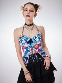 ROMWE Cartoon Figure Graphic Drawstring Halter Top - Multicolor - View 3