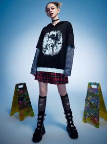 ROMWE 二合一條紋圖案人像圖案連帽衫