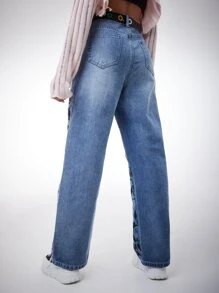 ROMWE Anime Figure Graphic Straight Leg Jeans Without Belt - Light Wash - View 3