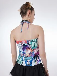 ROMWE Cartoon Figure Graphic Drawstring Halter Top - Multicolor - View 6